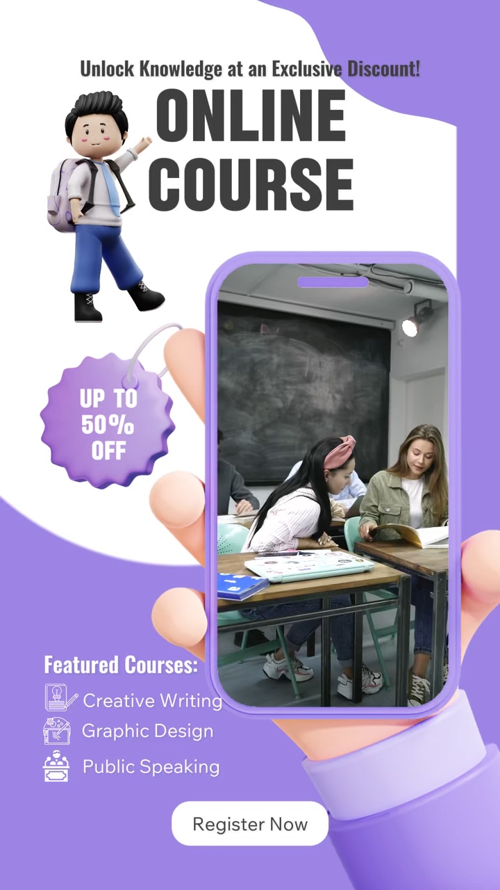 Online Course Discount Business Template Purple Theme Display TikTok Style