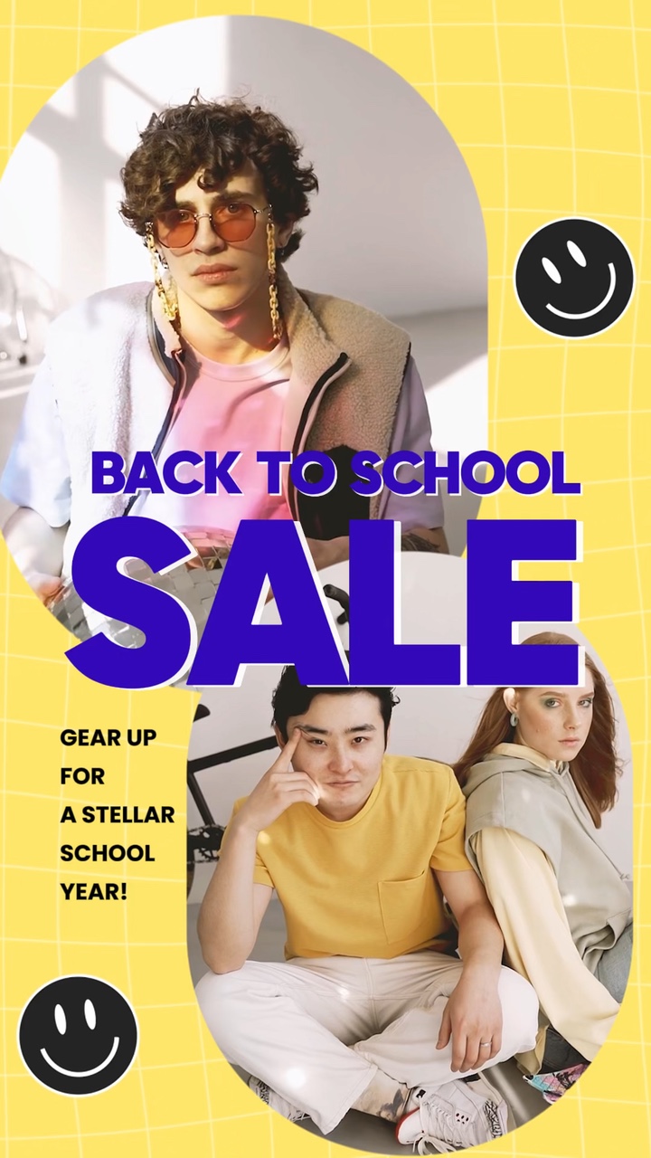 Iklan promo pakaian Back-to-School yang bersemangat dan energik