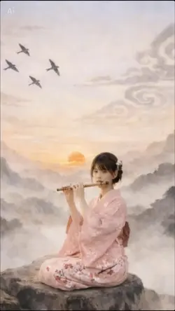 和風　笛を吹く少女
