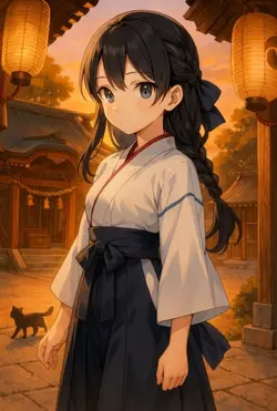 夕焼けの中の神社内
