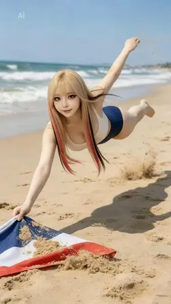 砂浜で体操服でトロフィー獲得