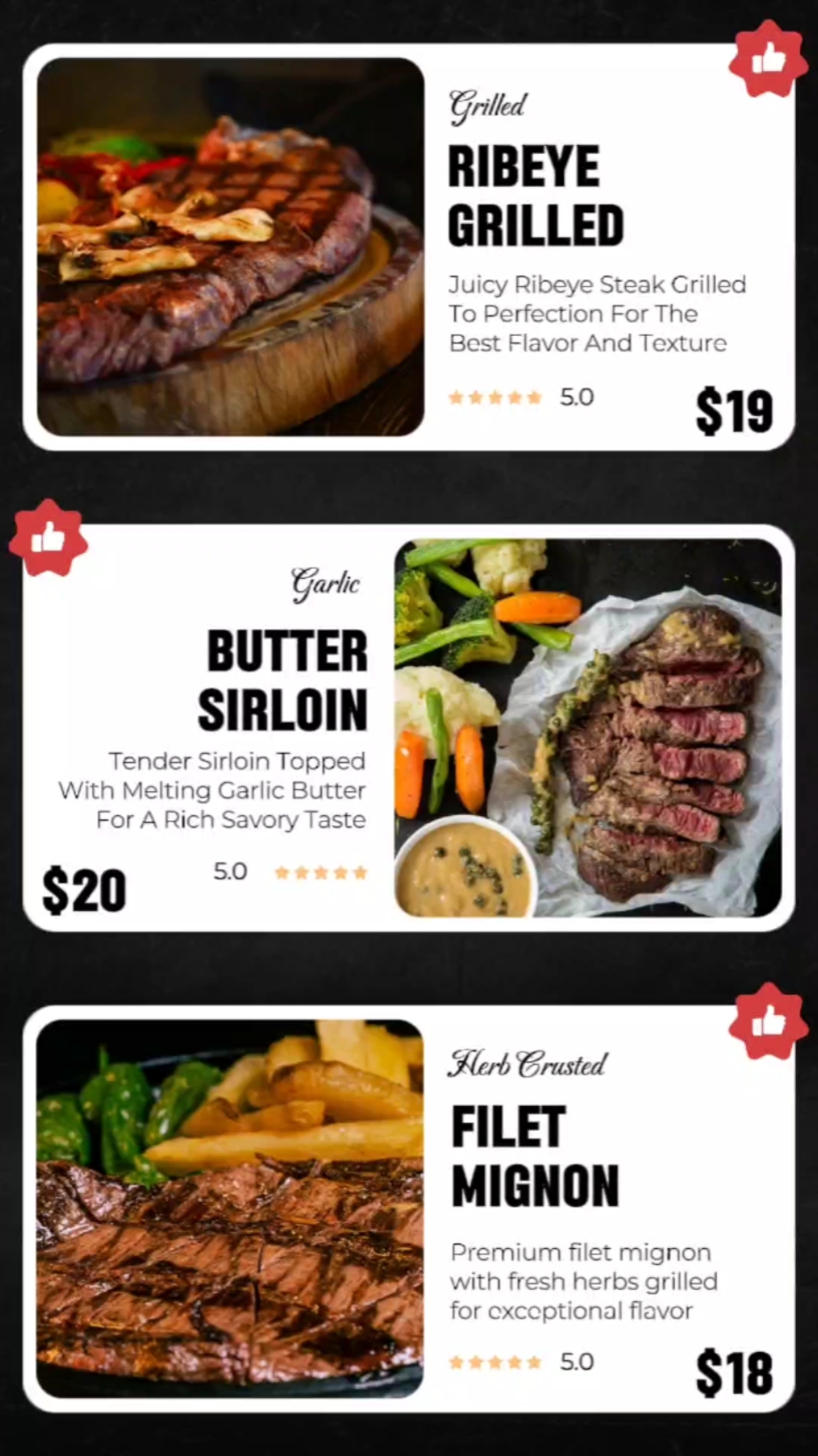 Food Industry Restaurant Promo Menu Display Steak UI Style