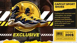 Editable basketball shoe business promotion featuring black yellow template for business promotion