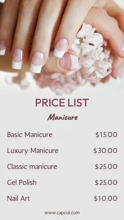 Beauty Salon Manicure Price List Instagram Story
