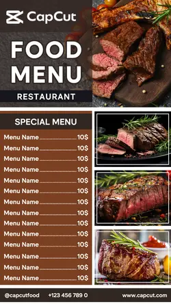 A minimalist steak food menu with a chocolate theme can be edited for Instagram Stories