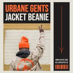 Urbane Gens Jacket Beanie Product Display Instagram Post Cream Black Orange Minimalist