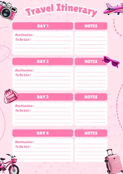 Non-Marketing Planner & Schedule Travel Itinerary Pink