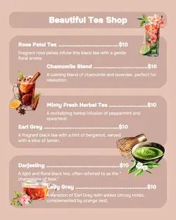 Beautiful Tea Shop Menu