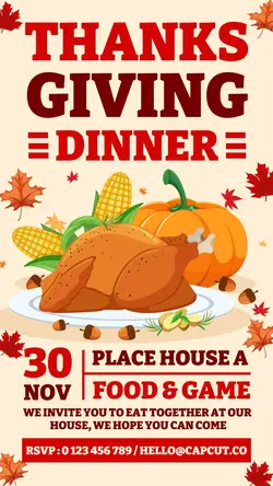 Thanks Giving Dinner Invitation Instagram Story Cream Red Brown Flat Modern